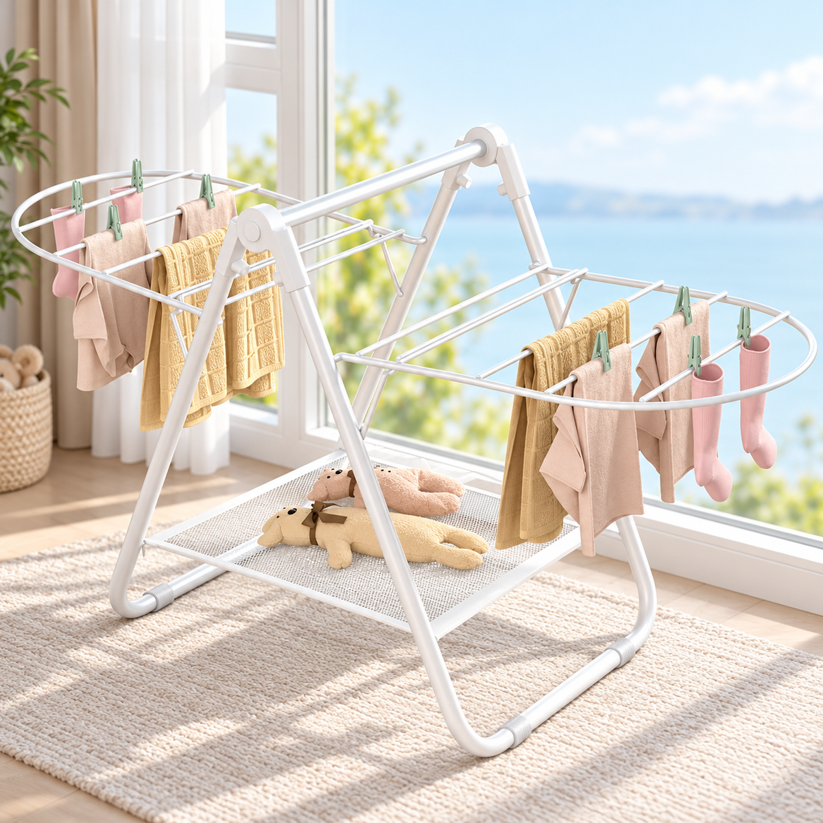 White Foldable Baby Clothes Drying Rack, 37.4 in