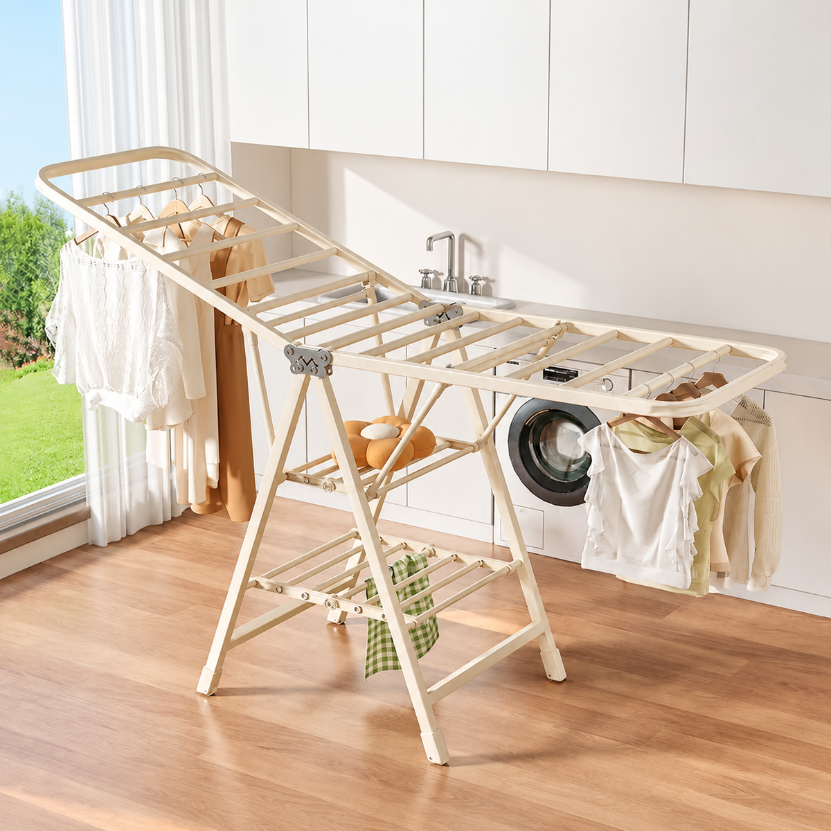 3-Tier Folding Clothes Drying Rack, Cream, 70.9 in