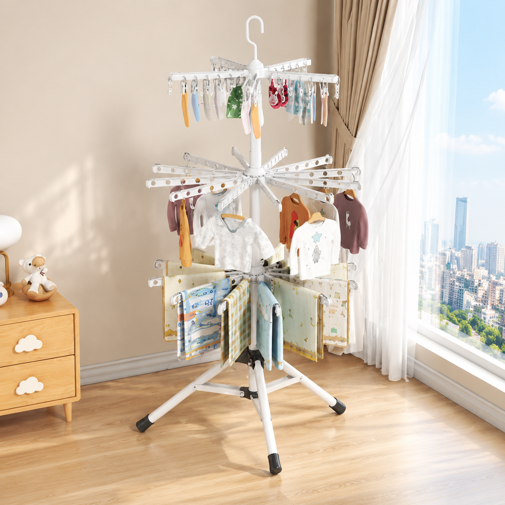 Folding Baby Clothes Drying Rack, White, 3-Tier Design